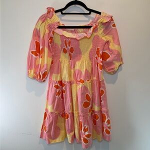 Sabo Skirt Pink Yellow Floral Puff-Sleeve Mini Dress